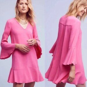 Anthropologie HD in Paris Carissa hot pink ruffle bell sleeve mini dress 8
